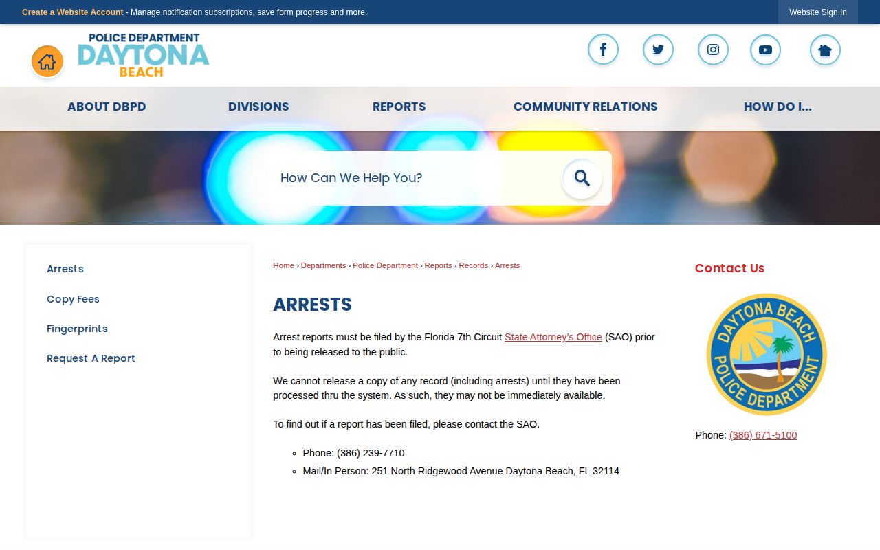 Daytona Beach Police arrest record release policy for Volusia County bookings