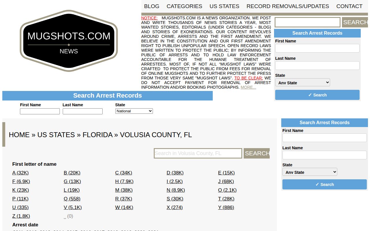 Unofficial Mugshots.com Volusia County arrest news section