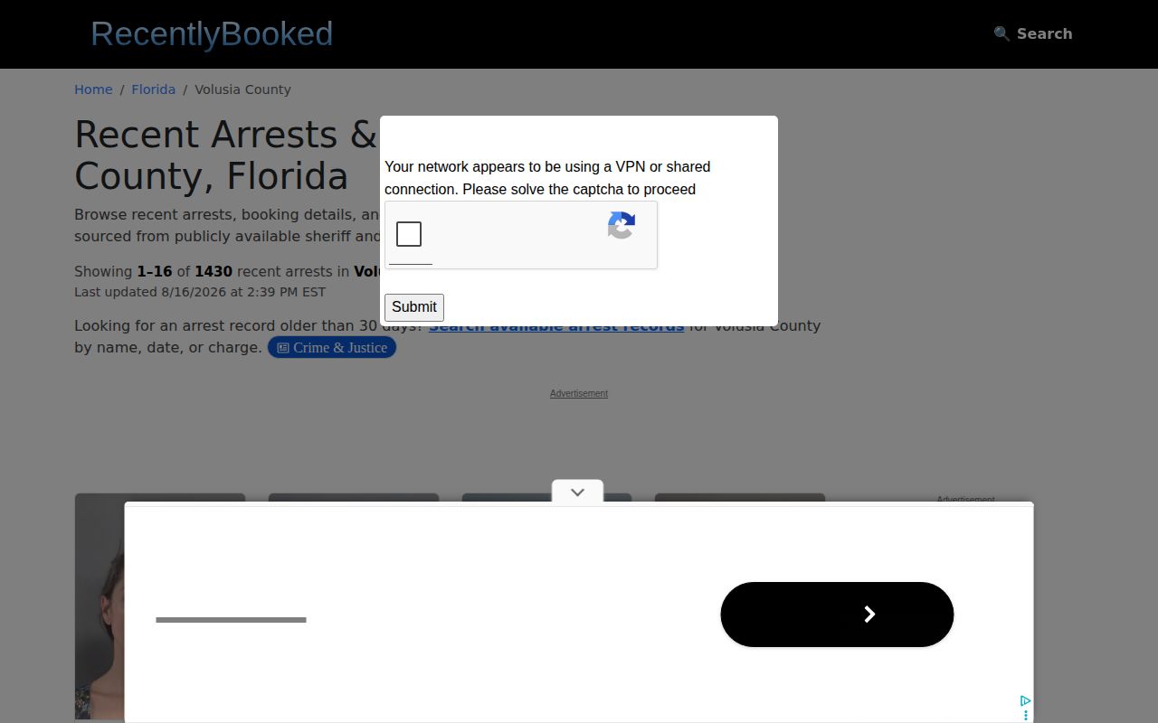 Unofficial Recently Booked Volusia County arrest listing interface