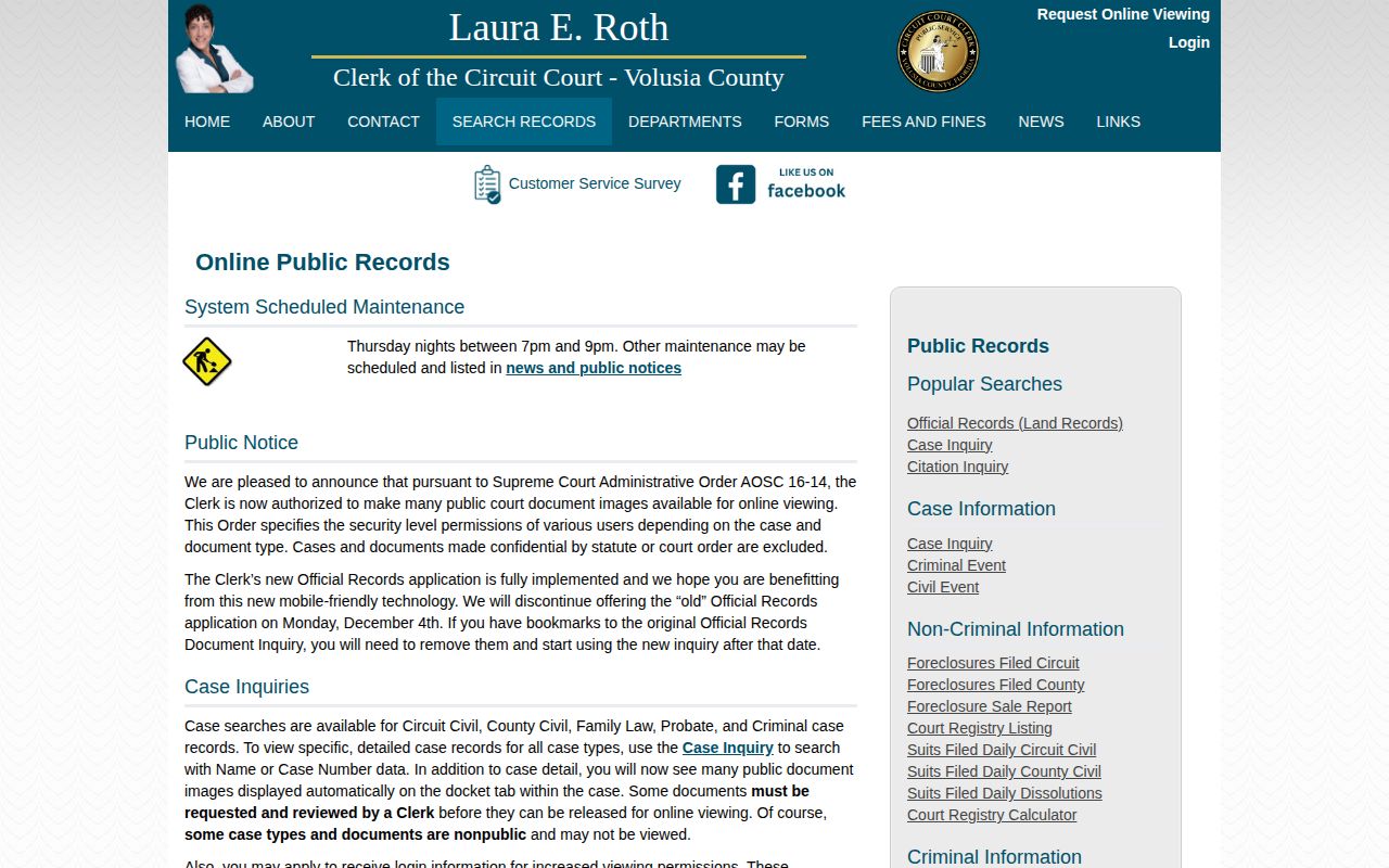 Volusia County Clerk court-record search choices after booking